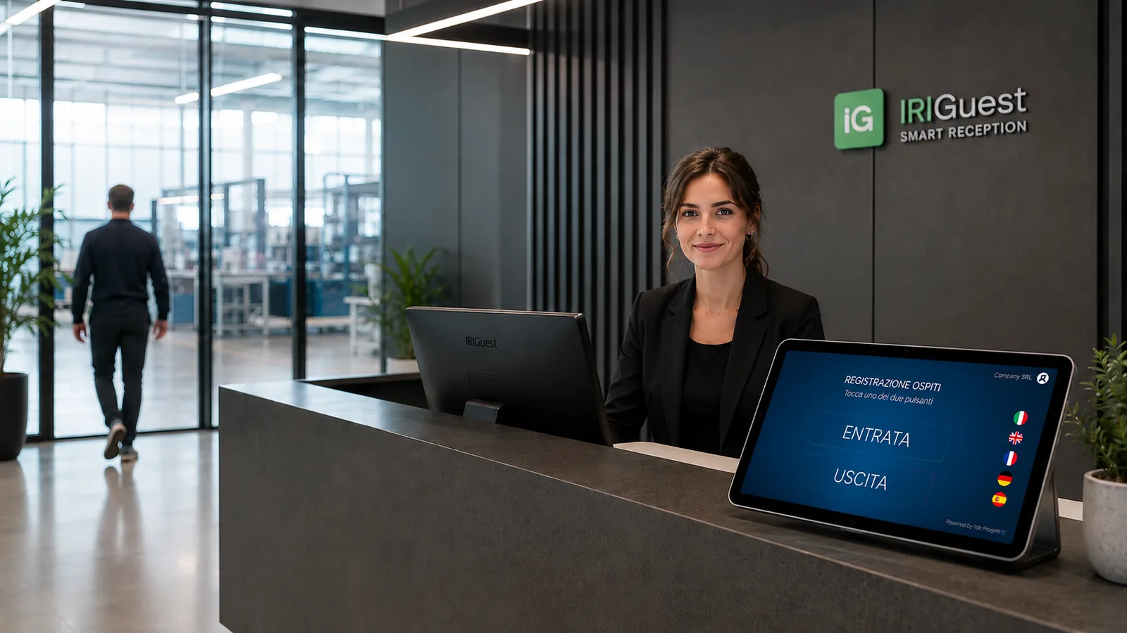 Reception digitale IRIGuest per la registrazione di visitatori, fornitori e tecnici esterni in azienda