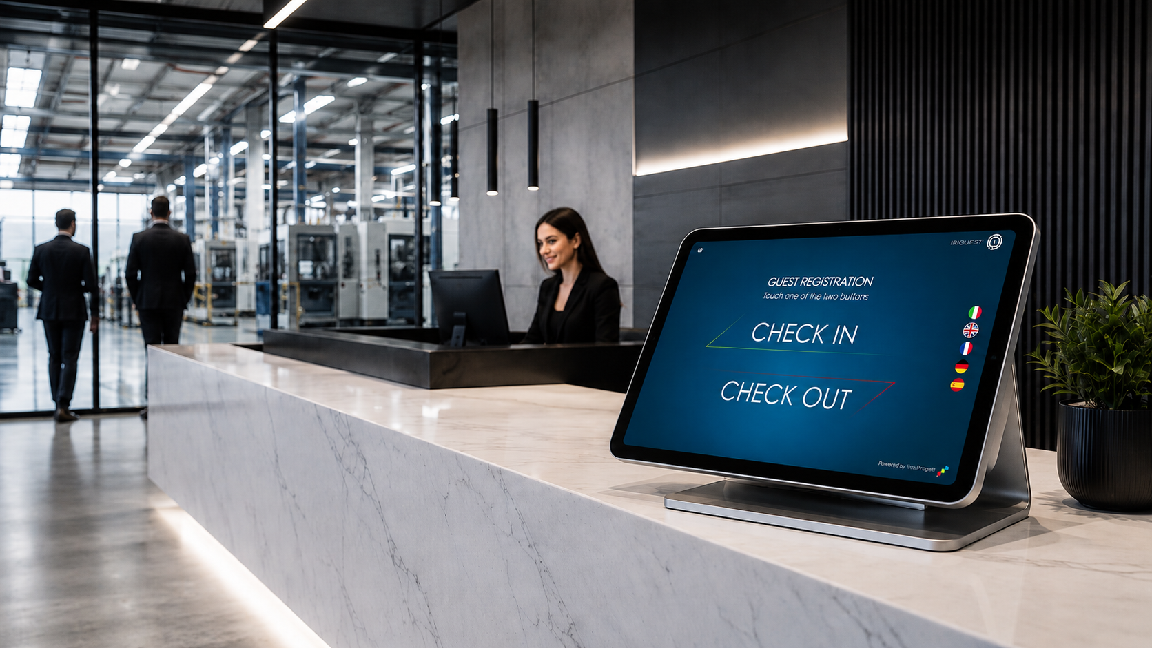 Company reception with IRIGuest digital visitor register on tablet