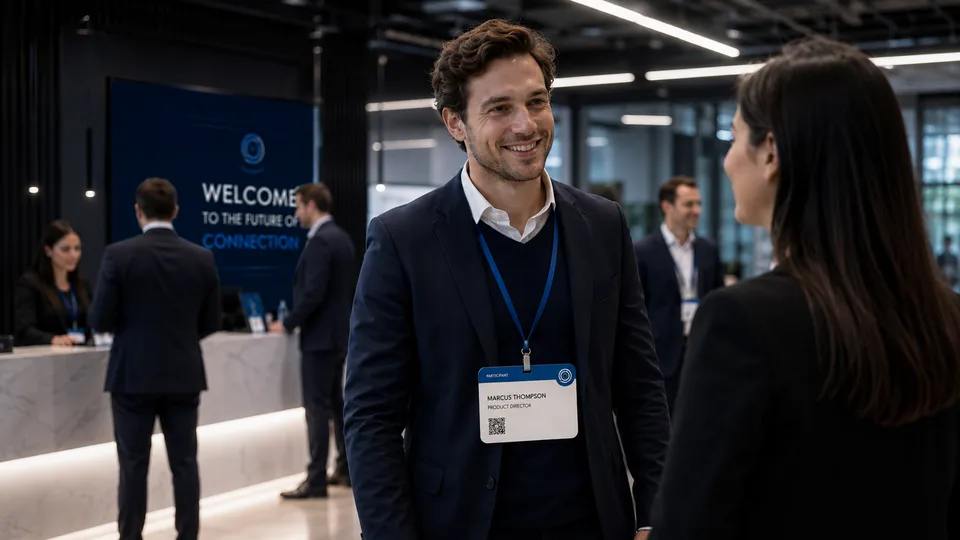 Esempio di badge evento formato 4 × 3 pollici a una conferenza